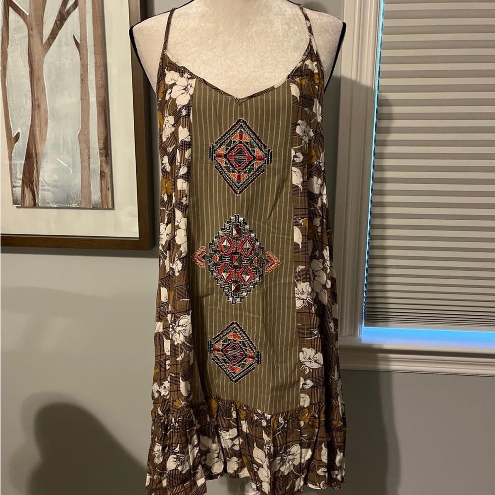 Entro Geometric Floral Mini Dress - Brown and Cream
